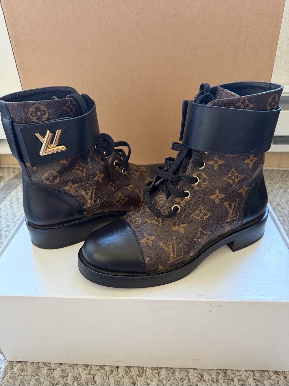 Louis Vuitton Brown & Black Monogram Lace-Up Boots